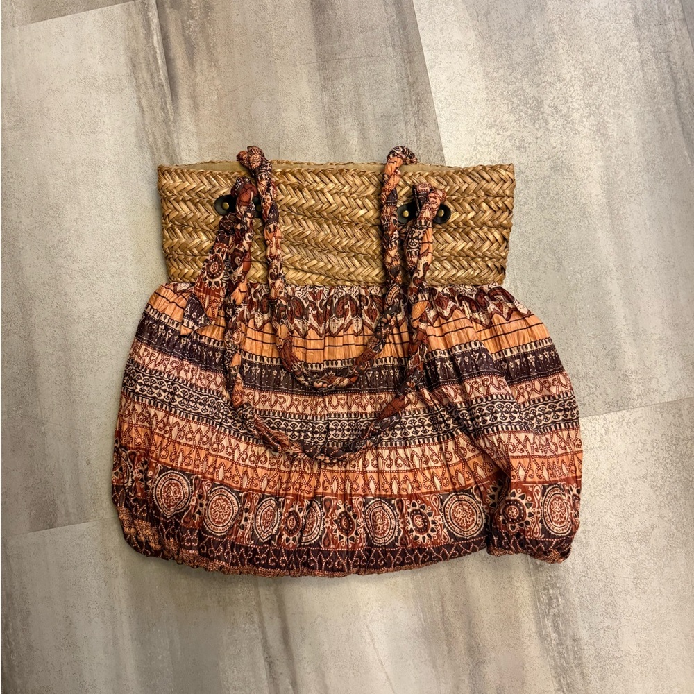 Bohemian Woven Straw and Patterned Tote Bag